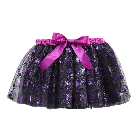 LIIPEE Girls Skirts Halloween Cartoon Cobweb Printed Tulle Ballet Dance Tutu Skirt Casual Holiday School Party Skirt,Dark Purple,2-4 Years