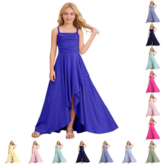 LIIPEE Girls Summer Cami Dress Solid Color Sleeveless Ruffle Tiered Party Dresses With Asymmetrical Hem Kids Elegant Comfortable Gown,9-10 Years