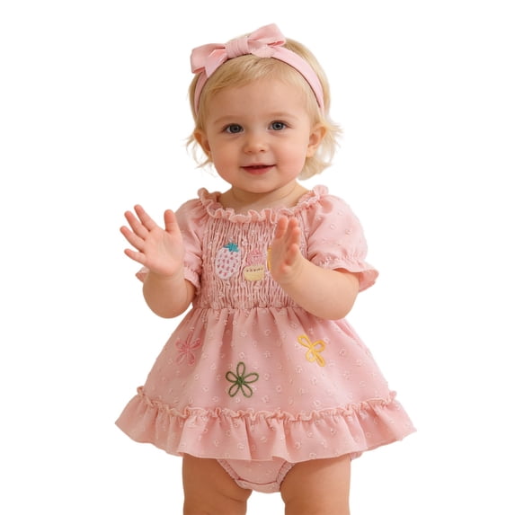 LIIPEE Girls Summer Dress Baby Newborn Short Sleeve Cartoon Embroidered Comfort Everyday Cute Ruffle Dresses With Bow Headband,0-6 Months