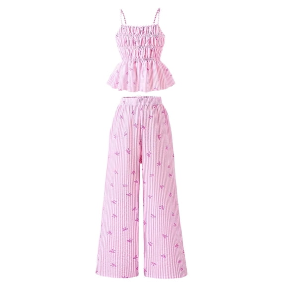 LIIPEE Girls Summer Outfits 2 Piece Casual Bow Graphic Sleeveless Ruffle Camisole Wide Leg Pants Kids Cute Everyday Outfit Sets,13-14 Years
