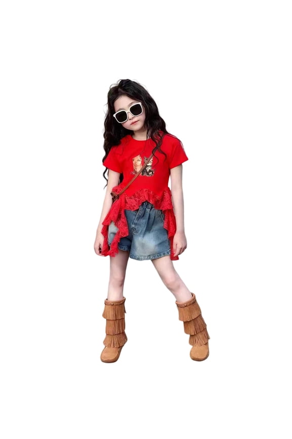 Girls Summer Outfits 2 Piece Set Kids Fashion Lace Patchwork Cartoon Cat Print Short Sleeve Tee Tops Solid Color Denim Shorts Cute Comfortable Breathable Casual Wear,4-5 Years