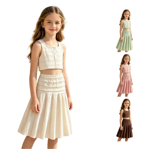 LIIPEE Girls Summer Outfits 2 Piece Set Kids Solid Color Ruched Sleeveless Crop Button Up Blouse A Line Pleated Skirt Cute Comfortable Breathable Casual Wear,7-8 Years