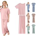 thumbnail image 1 of LIIPEE Girls Summer Outfits 2 Piece Solid Color Short Sleeve Tees And Pants Kids Cute Comfortable Casual Outfit Sets,13-15 Years, 1 of 6