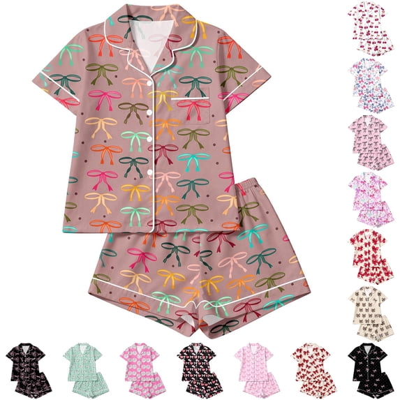LIIPEE Girls Summer Pajamas Short Sleeve Button Down Shirts And Shorts Pajama Sets Kids Casual Cute Graphic Sleepwear 1-14 Years
