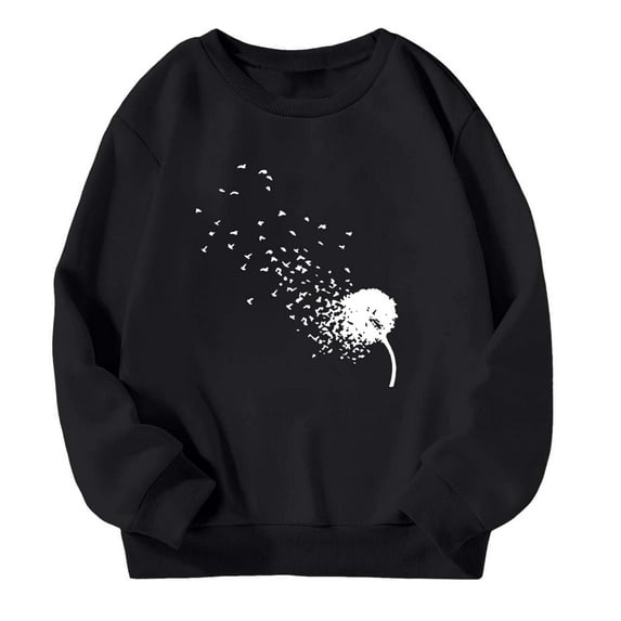 LIIPEE Girls Sweatshirts Cartoon Dandelion Flower Printed Long Sleeve Round Neck Pullover Tops Big Girls Breathable Casual Outing Sweatshirts,Black,11-12 Years