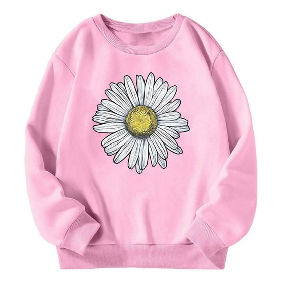 LIIPEE Girls Sweatshirts Cartoon Flower Printed Long Sleeve Round Neck Pullover Tops Big Girls Stylish Weekend Sweatshirts,Pink,7-8 Years