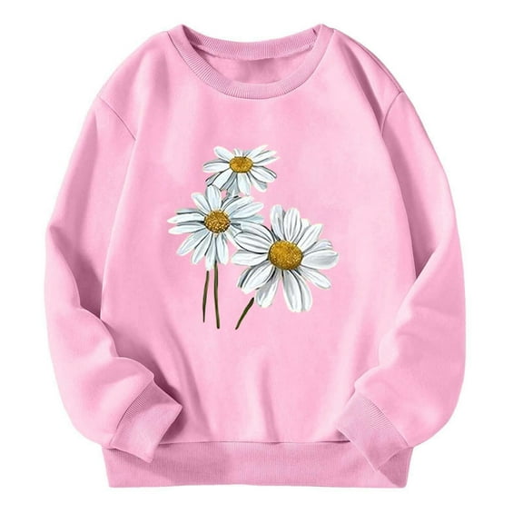 LIIPEE Girls Sweatshirts Cartoon Flower Printed Long Sleeve Round Neck Pullover Tops Little Girls Versatile Casual Outing Sweatshirts,Pink,5-6 Years