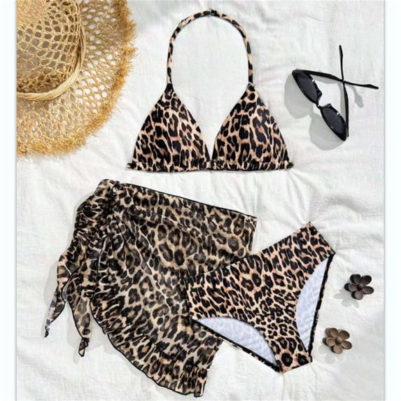 LIIPEE Girls Swimsuit Sets Casual Summer Leopard Printed Halter Neck Adjustable Strap Bikini Tops Shorts Wrap Skirt 3 Piece Set Children Swimming Fashion Backless Beach Swimsuits,Coffee,9-10 Years
