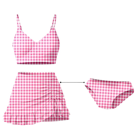 LIIPEE Girls Swimsuit Sets Casual Summer Plaid Printed Adjustable Spaghetti Strap V Neck Bikini Tops Shorts Ruffle Skirt 3 Piece Set Children Kids Fashion Backless Beach Swimsuits,Hot Pink,7-8Y