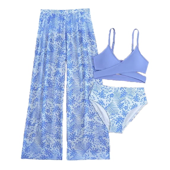 LIIPEE Girls Swimsuit Sets Casual Summer Solid Color Adjustable Spaghetti Strap Bikini Tops Fashion Tropical Graphic Shorts Pants 3 Piece Set Kids Children Beach Backless Swimsuits,Sky Blue,7-8 Years