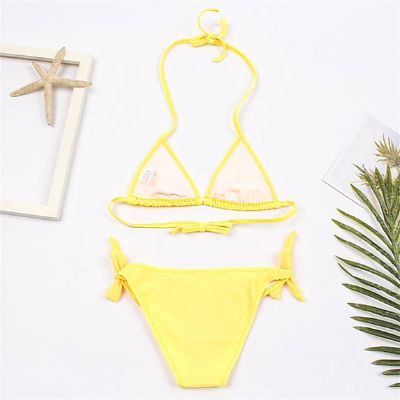 LIIPEE Girls Swimsuit Sets Casual Summer Solid Color Layered Ruffle Trim Adjustable Spaghetti Strap Bikini Tops Bottoms 2 Piece Set Kids Beach Pool Fashion Backless Cute Swimsuits,Yellow,11-12 Years