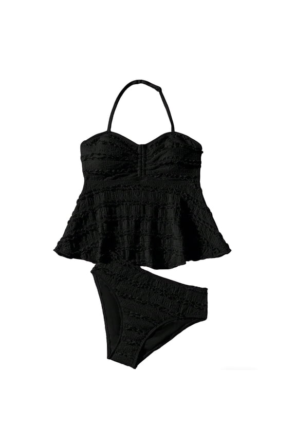 Girls Swimsuit Sets Casual Summer Solid Color Ribbed High Elastic Halter Neck Adjustable Strap Ruffle Tankini Tops Bottoms Two Piece Set Kids Fashion Cute Pool Swimsuits,Black,11-12 Years