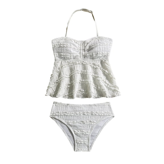 LIIPEE Girls Swimsuit Sets Casual Summer Solid Color Ribbed High Elastic Halter Neck Adjustable Strap Ruffle Tankini Tops Bottoms Two Piece Set Kids Fashion Cute Pool Swimsuits,White,11-12 Years