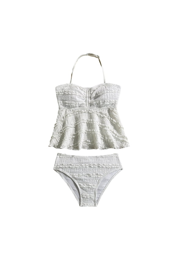 Girls Swimsuit Sets Casual Summer Solid Color Ribbed High Elastic Halter Neck Adjustable Strap Ruffle Tankini Tops Bottoms Two Piece Set Kids Fashion Cute Pool Swimsuits,White,11-12 Years