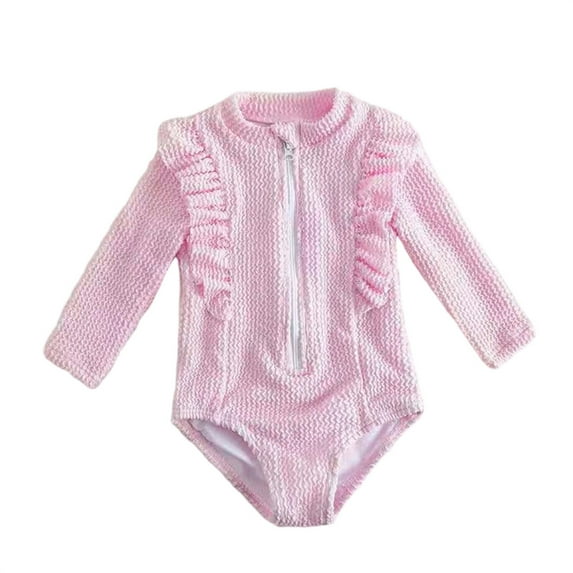 LIIPEE Girls Swimwear One-Piece Swimsuits Baby Solid Color Long Sleeve Bikini Bathing Suit For Toddler Summer Pool Swim Wear Beach Vacation Swimsuit,Pink,9-12 Months