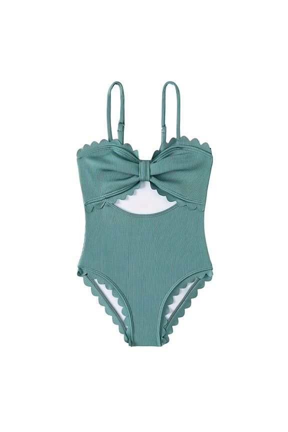 Girls Swimwear One-Piece Swimsuits Lace Cute High Waist Bathing Suit Solid Color Sleeveless Summer Swim Wear For Teen Youth Beach Vacation Pool Party Swimsuit,Green,7-8 Years