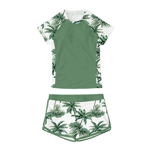 LIIPEE Girls Swimwear Summer Casual Coconut Tree Printed Short Sleeve Round Neck Tshirt Shorts 2 Piece Set Swimsuit Toddler Versatile Vacation Beachwear,Army Green,13-14 Y