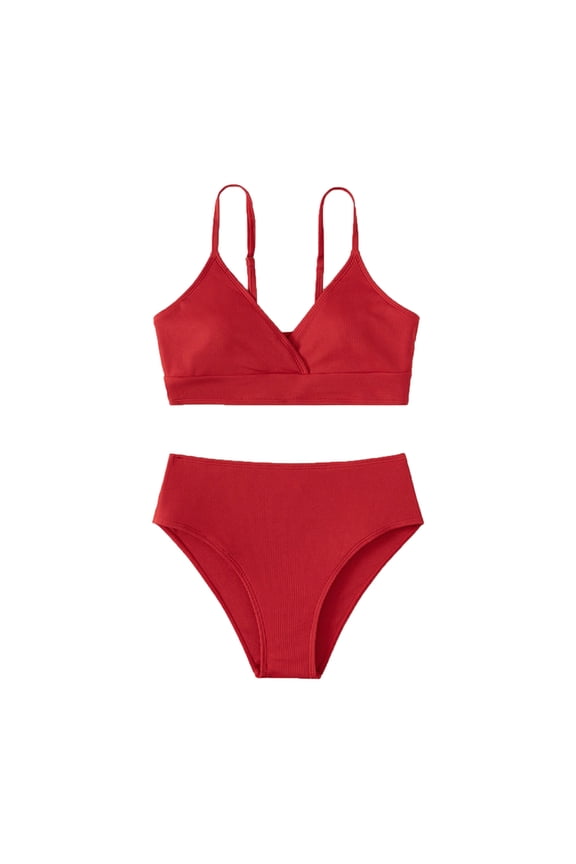 Girls Swimwear Summer Casual Solid Color Spaghetti Strap High Waist 2 Piece Bikini Sets Baby Versatile Swim Wear,Red,14-16 Years
