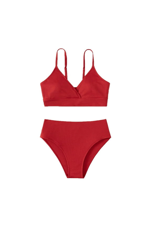 Girls Swimwear Summer Fall Solid Color 2 Piece Adjustable Strap High Waist Bikini Set Swimsuit Girls Leisure Tanning Bathing Suit,Red,8-10 Years