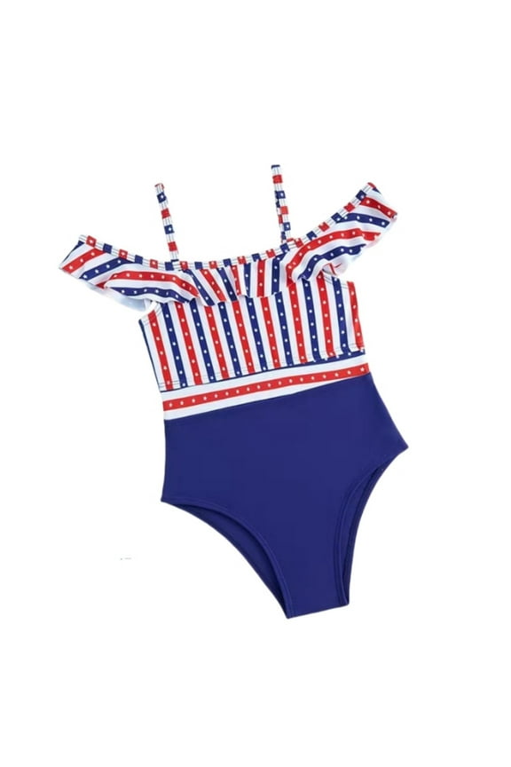 Girls Swimwear Summer Fashion 4Th Of July Independence Day Striped Printed Ruffled Spaghetti Strap Bikini Swimsuits Kids Stylish Swimming Pool Bathing Suit,7-8 Years,Purple