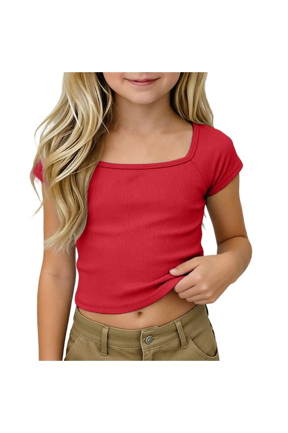 Girls T-Shirts Casual Solid Color Fashion Ribbed Knitted Raglan Short Sleeve Square Neck Crop T Shirt Kids Children Comfortable Breathable Soft Cute Daily Basic Tee Tops,9-10 Years