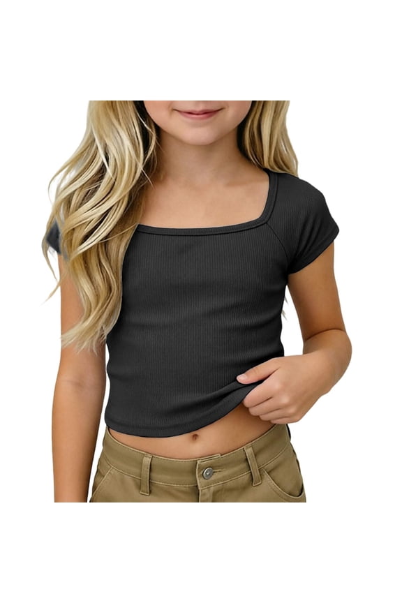 Girls T-Shirts Casual Solid Color Fashion Ribbed Knitted Raglan Short Sleeve Square Neck Crop T Shirt Kids Children Comfortable Breathable Soft Cute Daily Basic Tee Tops,5-6 Years