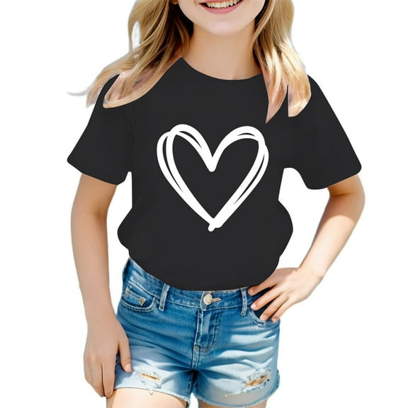 LIIPEE Girls T-Shirts Summer Casual Cute Love Heart Printed Round Neck Short Sleeve Tshirts Child Versatile Daily Tee Shirts,Black,1-2 Years