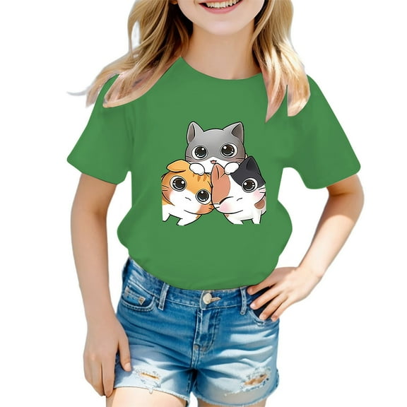 LIIPEE Girls T-Shirts Summer Casual Short Sleeve Cartoon Animal Printed Round Neck Tshirt Child Trendy Everyday Wear Tee Shirts,Green,3-4 Years