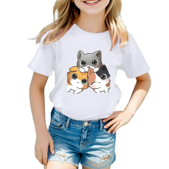 LIIPEE Girls T-Shirts Summer Casual Short Sleeve Cartoon Animal Printed Round Neck Tshirt Girl Leisure Beach Tee Shirts,White,13-14 Years