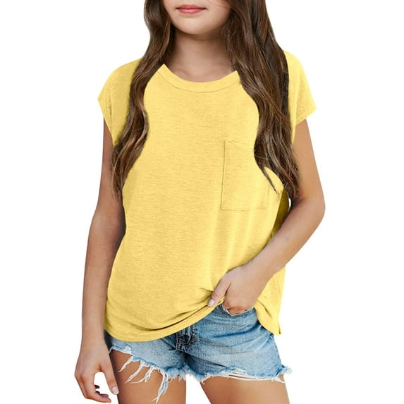 LIIPEE Girls T-Shirts Summer Casual Solid Color Round Neck Short Sleeve Tshirts With Pocket Toddler Casual Daily Tee Shirts,Yellow,13-14 Years