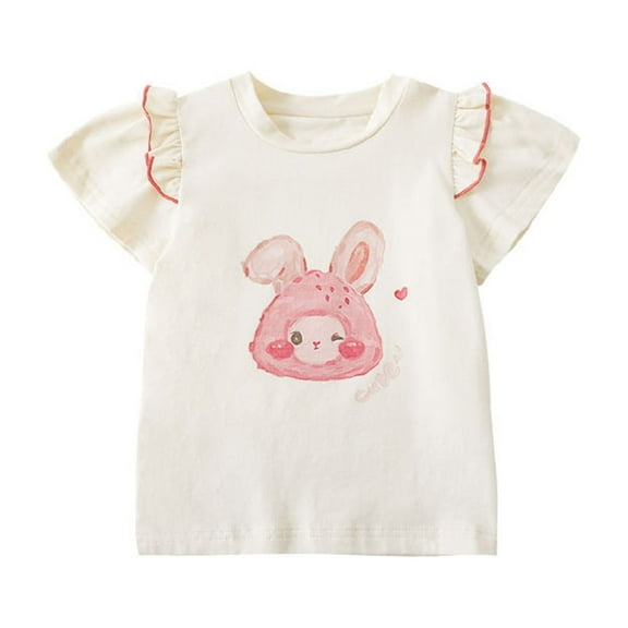 LIIPEE Girls T-Shirts Summer Cute Ruffled Fly Sleeve Cartoon Printed Round Neck Tshirt Baby Stylish Everyday Wear Tee Shirts,Beige,1-2 Years