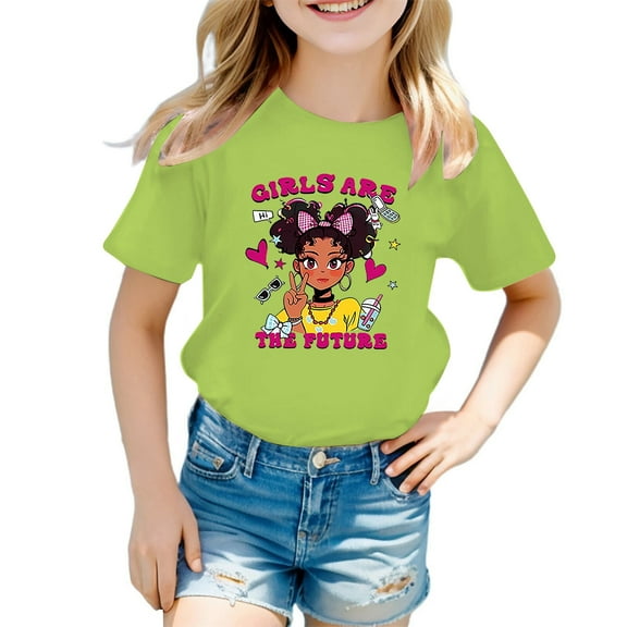 LIIPEE Girls T-Shirts Summer Cute Short Sleeve Carton Graphic Printed Round Neck Casual Tshirt Kids Classic Party Tee Shirts,Light Green,7-8 Years