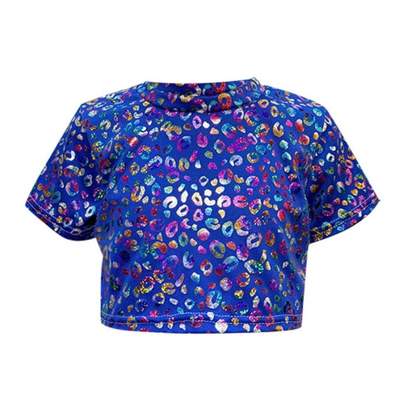 LIIPEE Girls T-Shirts Summer Fashion Short Sleeve Sequin Leopard Printed Round Neck Tshirts Toddler Versatile Daily Wear Tee Shirts,Blue,5-6 Years