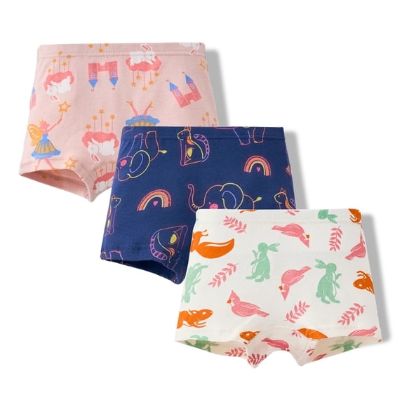 LIIPEE Girls Underpants Cute Comfortable Cotton Cartoon Rainbow Animal Printed Boxer Briefs 3 Pack Girls Cozy Panties,White,2-3 Years
