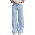 thumbnail image 1 of LIIPEE Girls Washed Denim Pants Distressed Comfort Waist Loose Straight Leg Jeans Kids Everyday Versatile Casual Trousers,14-15 Years, 1 of 8