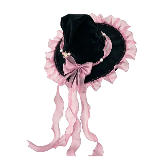 LIIPEE Halloween Bow Mesh Embellishment Witch Hat For Women Costume Accessories One Size