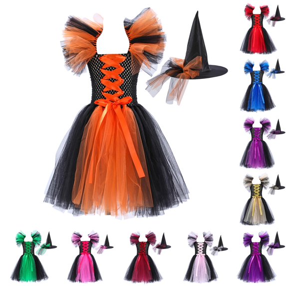LIIPEE Halloween Dress Up Party Dresses For Girls Sleeveless Mesh Performance Gown With Hat Kids Cute Comfortable Dress,6-7 Years