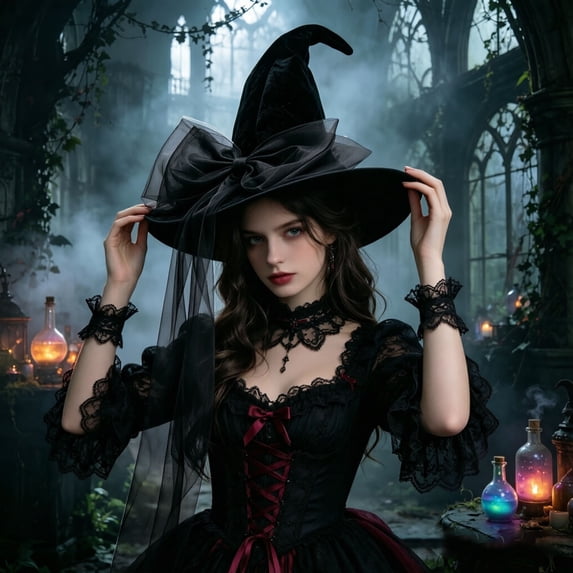 LIIPEE Halloween Gothic Bow Embellishment Witch Hat For Women Costume Accessories One Size