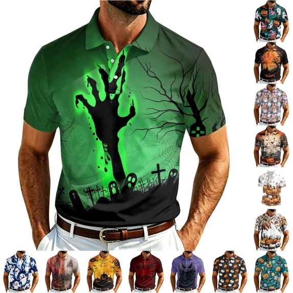 LIIPEE Halloween Graphic Polo Shirt For Men Short Sleeve Tennis Collar Shirts Male Comfortable Breathable Polos,XXXXXL