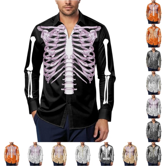 LIIPEE Halloween Graphic Shirt For Men Long Sleeve Turn Down Collar Button Up Shirts Male Autumn Comfortable Breathable Tops,M