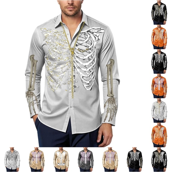 LIIPEE Halloween Graphic Shirt For Men Long Sleeve Turn Down Collar Button Up Shirts Male Autumn Comfortable Breathable Tops,M