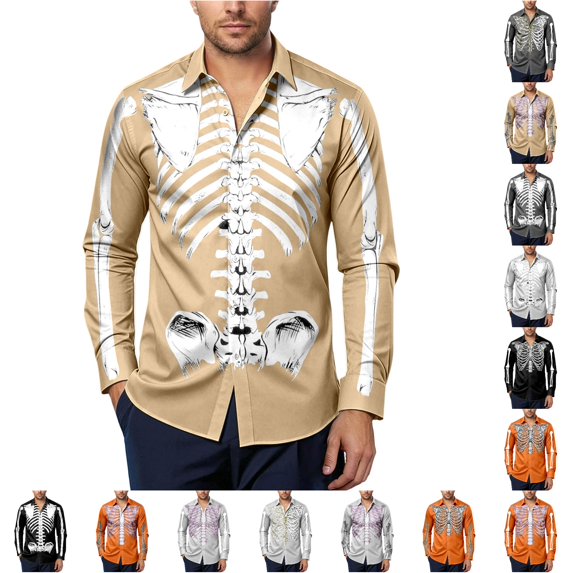 LIIPEE Halloween Graphic Shirt For Men Long Sleeve Turn Down Collar Button Up Shirts Male Autumn Comfortable Breathable Tops,XXL