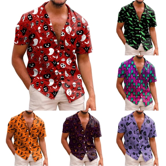 LIIPEE Halloween Graphic Shirt For Men Short Sleeve Turn Down Collar Button Up Shirts Male Comfortable Breathable Party Tops,M