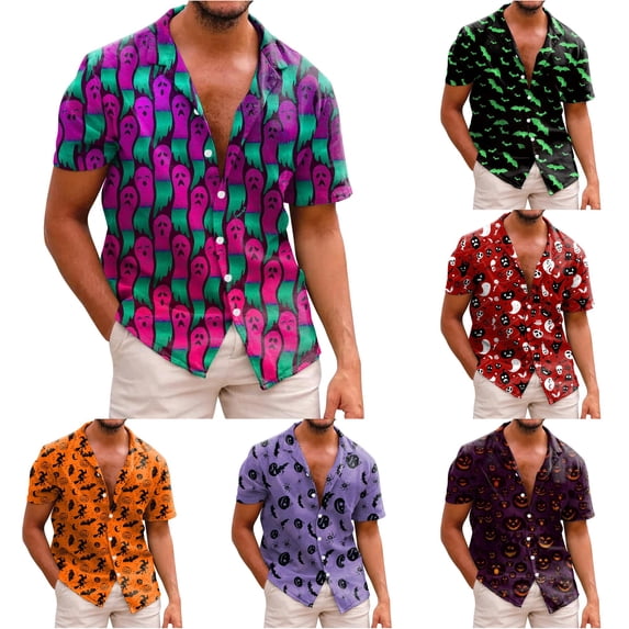 LIIPEE Halloween Graphic Shirt For Men Short Sleeve Turn Down Collar Button Up Shirts Male Comfortable Breathable Party Tops,M