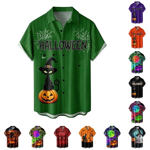 LIIPEE Halloween Graphic Shirt For Men Short Sleeve Turn Down Collar Button Up Shirts Male Comfortable Breathable Party Tops,S