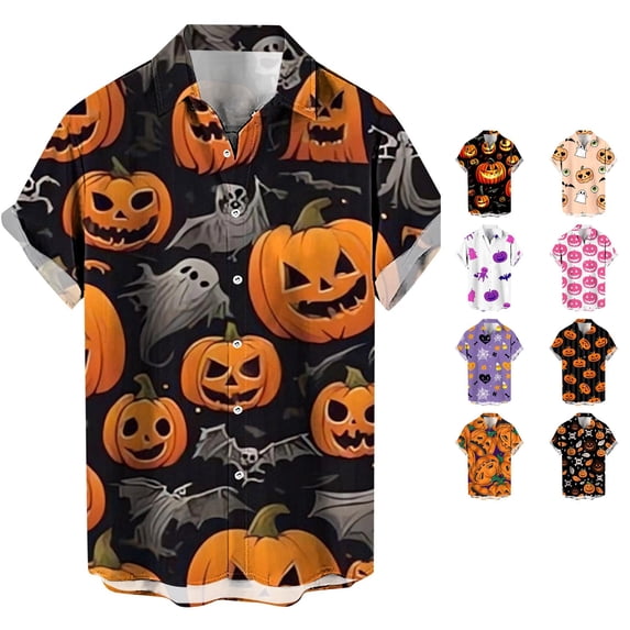 LIIPEE Halloween Graphic Shirt For Men Short Sleeve Turn Down Collar Button Up Shirts Male Comfortable Breathable Party Tops,XXXL