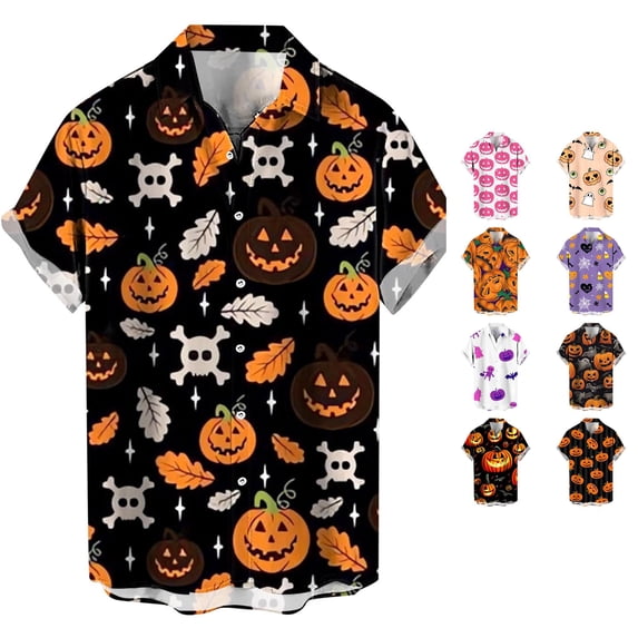 LIIPEE Halloween Graphic Shirt For Men Short Sleeve Turn Down Collar Button Up Shirts Male Comfortable Breathable Party Tops,XXXL
