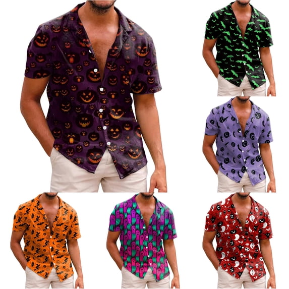 LIIPEE Halloween Graphic Shirt For Men Short Sleeve Turn Down Collar Button Up Shirts Male Comfortable Breathable Party Tops,XXXL