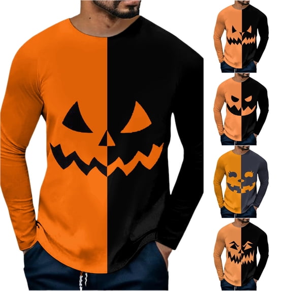 LIIPEE Halloween Graphic Tees For Men Long Sleeve Crew Neck Casual T Shirts Male Comfortable Breathable Versatile Tshirt,XL