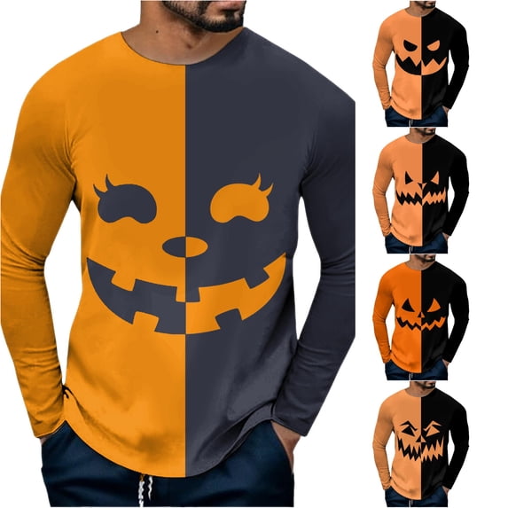 LIIPEE Halloween Graphic Tees For Men Long Sleeve Crew Neck Casual T Shirts Male Comfortable Breathable Versatile Tshirt,XXXL